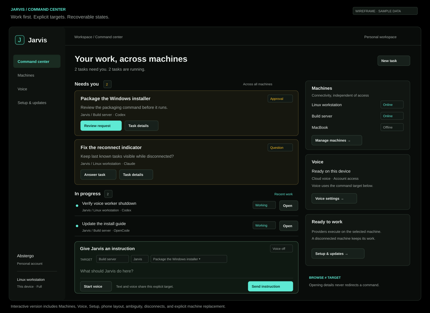 Jarvis command center wireframe with tasks needing attention, running work, a qualified command target, and separate machine and voice status